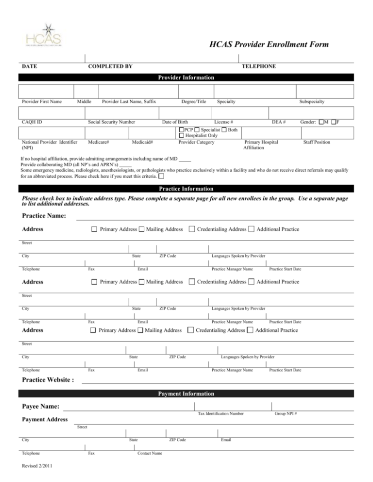 HCAS Provider Enrollment Form