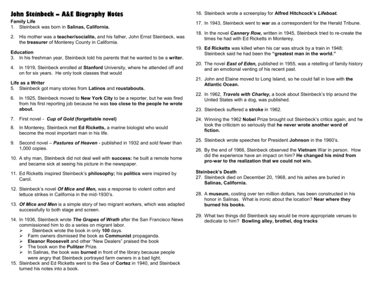 author biography john steinbeck worksheet answers