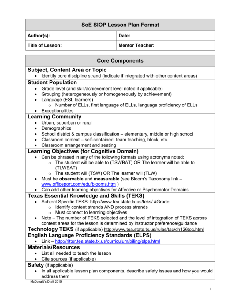Siop Lesson Plan Math