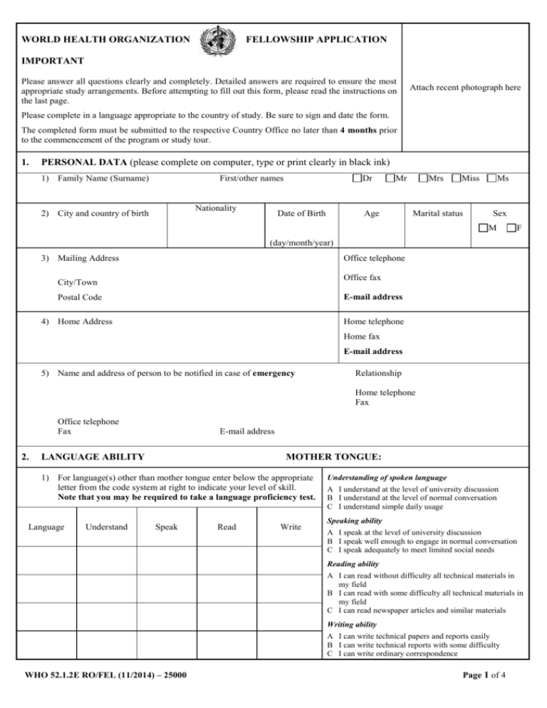 WORLD HEALTH ORGANIZATION FELLOWSHIP APPLICATION