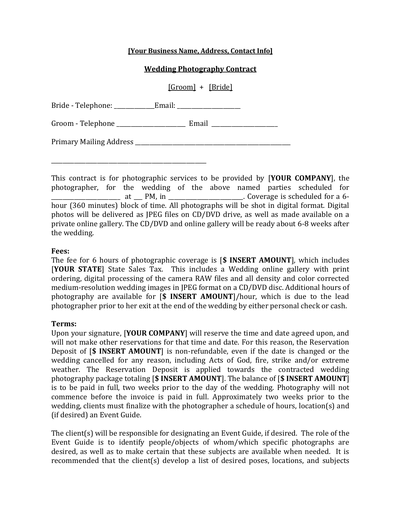Wedding Contract Template For wedding photography terms and conditions template