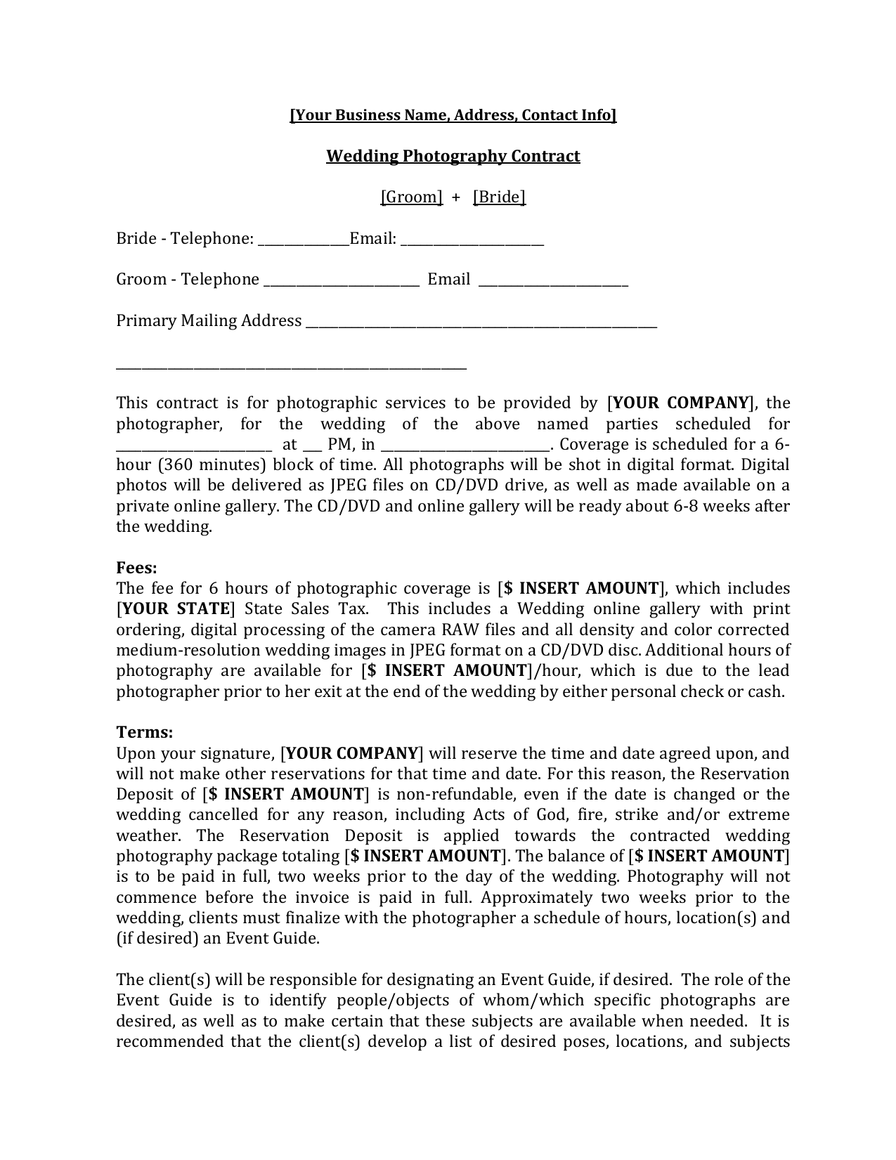 wedding photographer client contract template