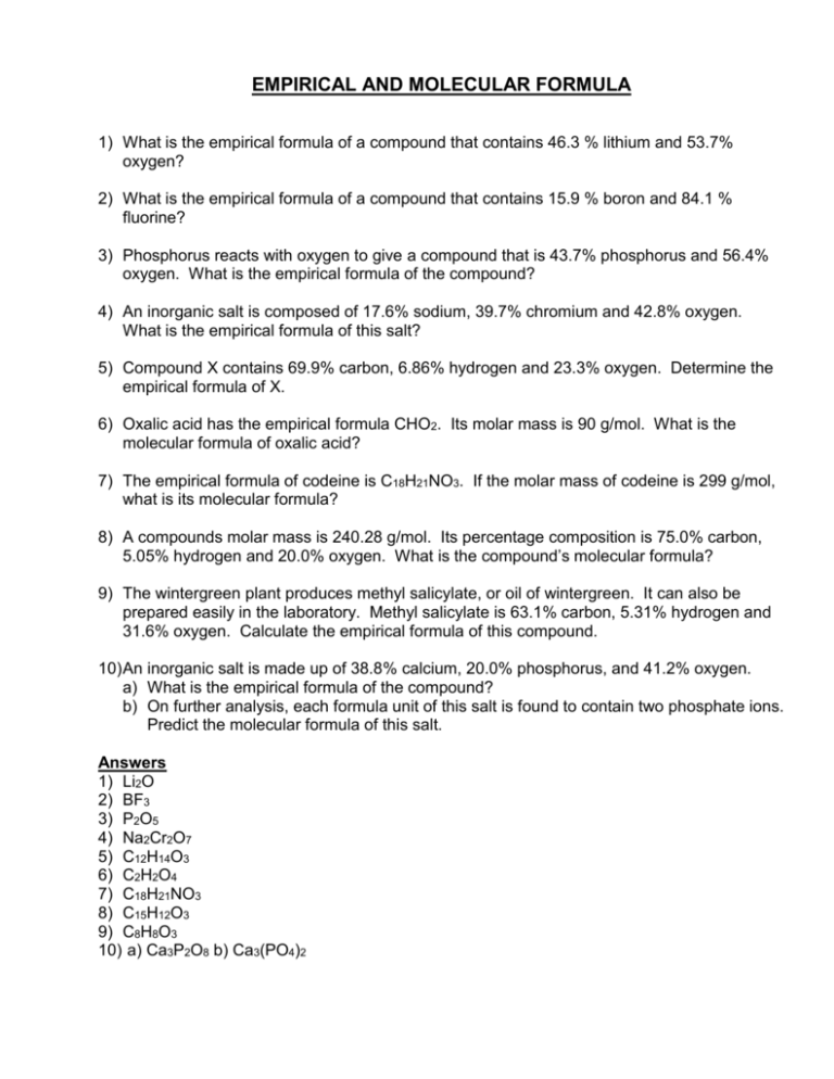 Empirical And Molecular Formula Practice Problems