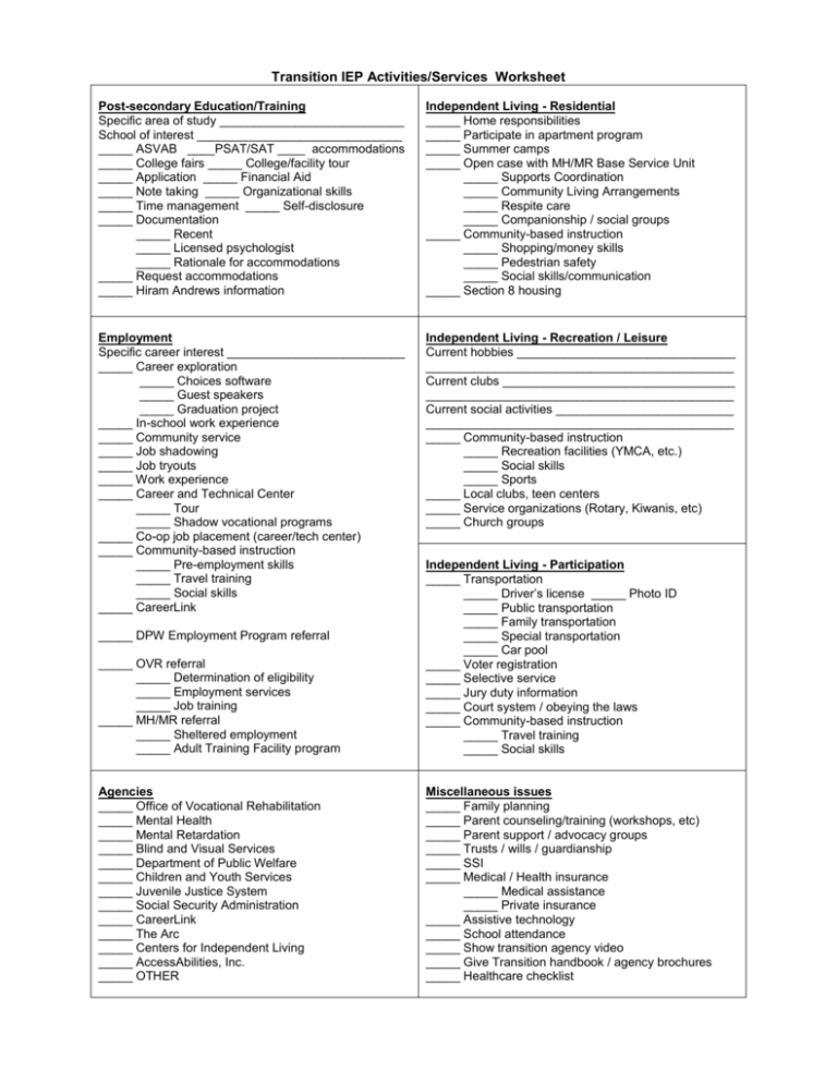 Transition IEP Activities Services Worksheet
