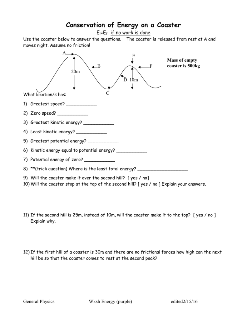 Conservation of Energy on a Coaster Worksheet For Conservation Of Energy Worksheet