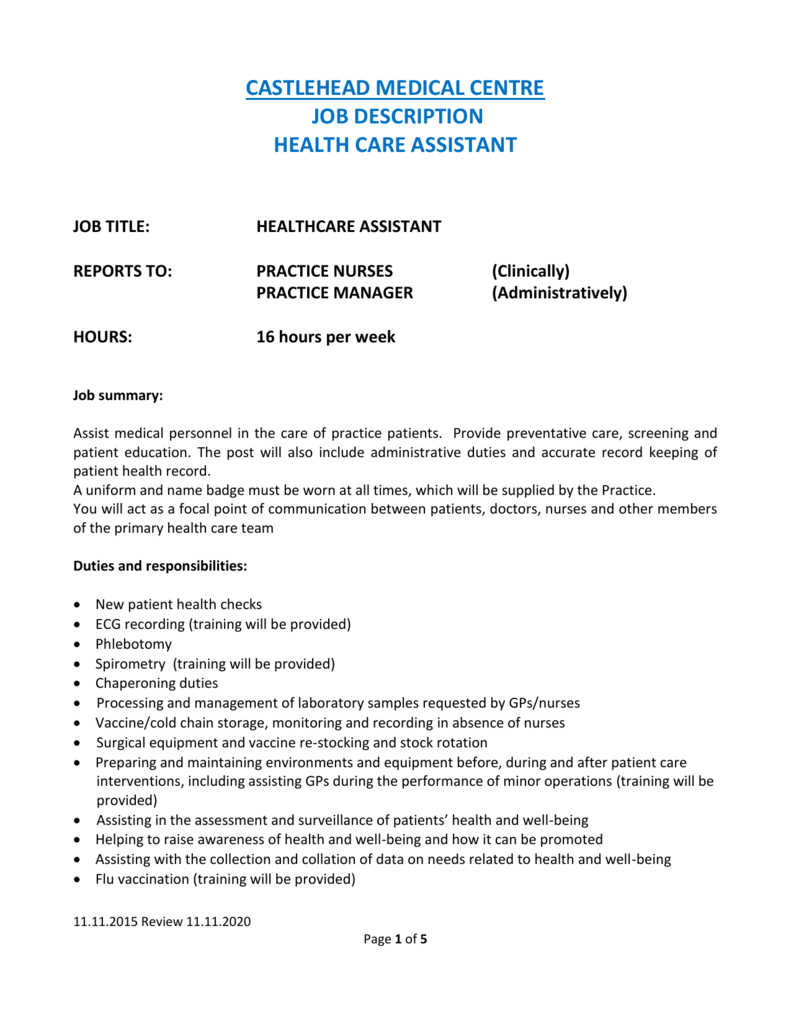 Health Care Assistant Job Description Uk