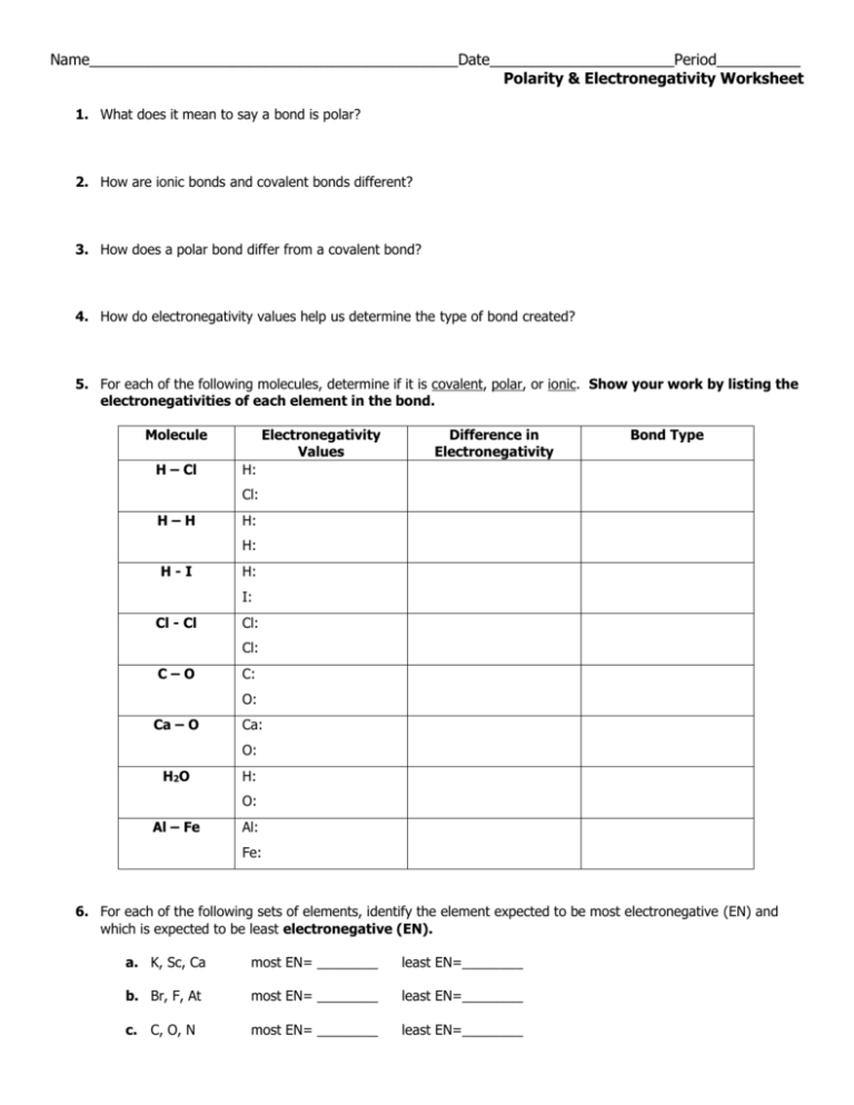 Molecular Polarity Worksheet Answer Key Printable Word Searches