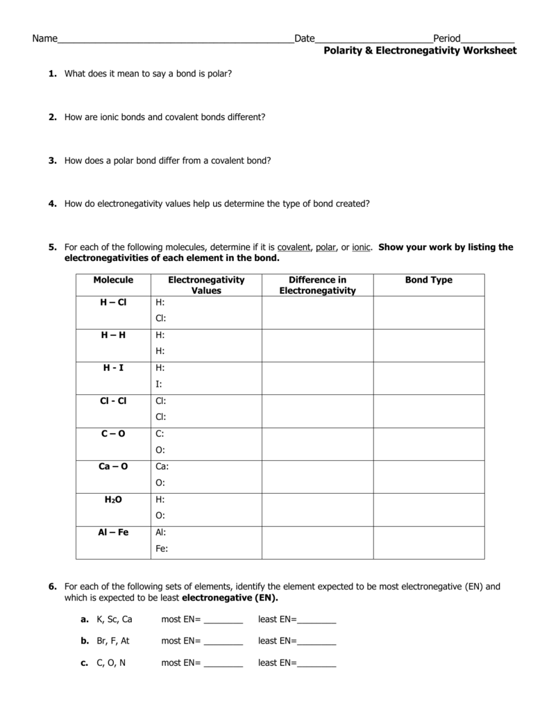 Bond Polarity Worksheet For Worksheet Polarity Of Bonds Answers