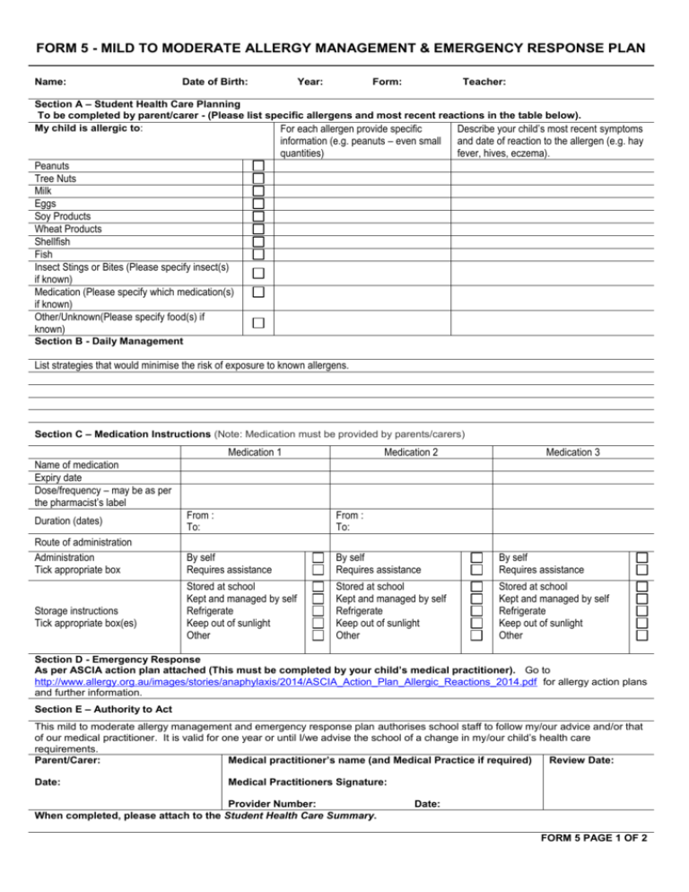 Mild To Moderate Allergy Broome North Primary School