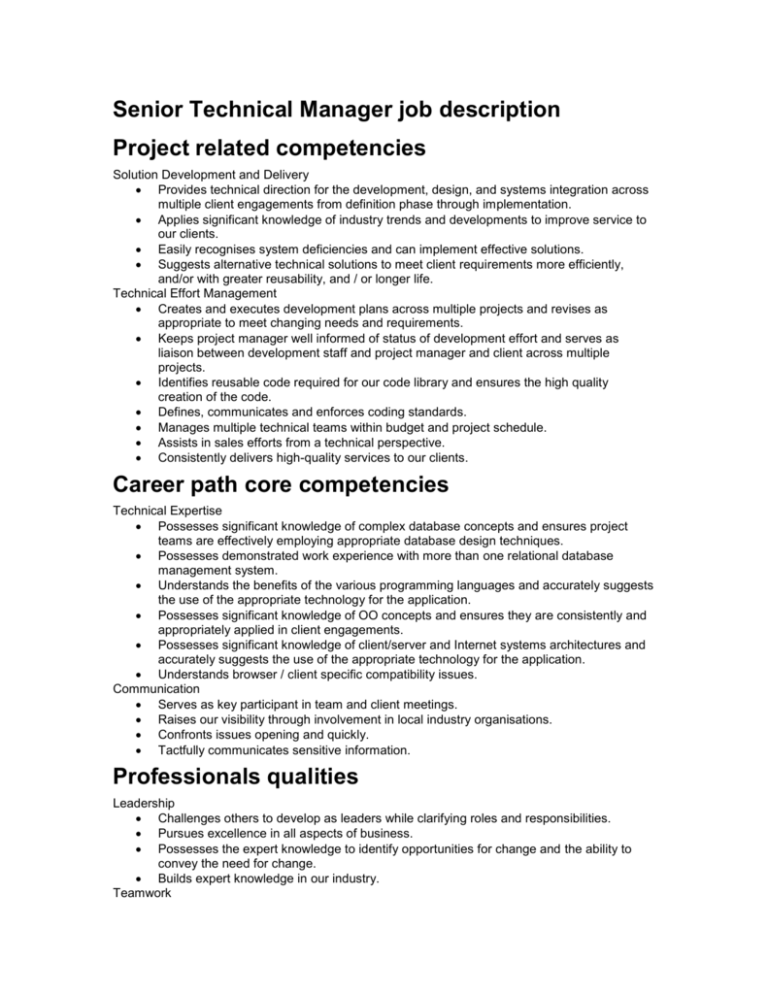 Senior Technical Manager Job Description