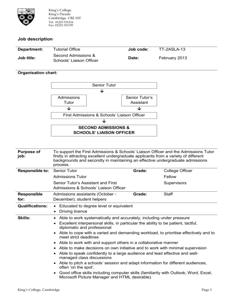 Job description King`s College, Cambridge