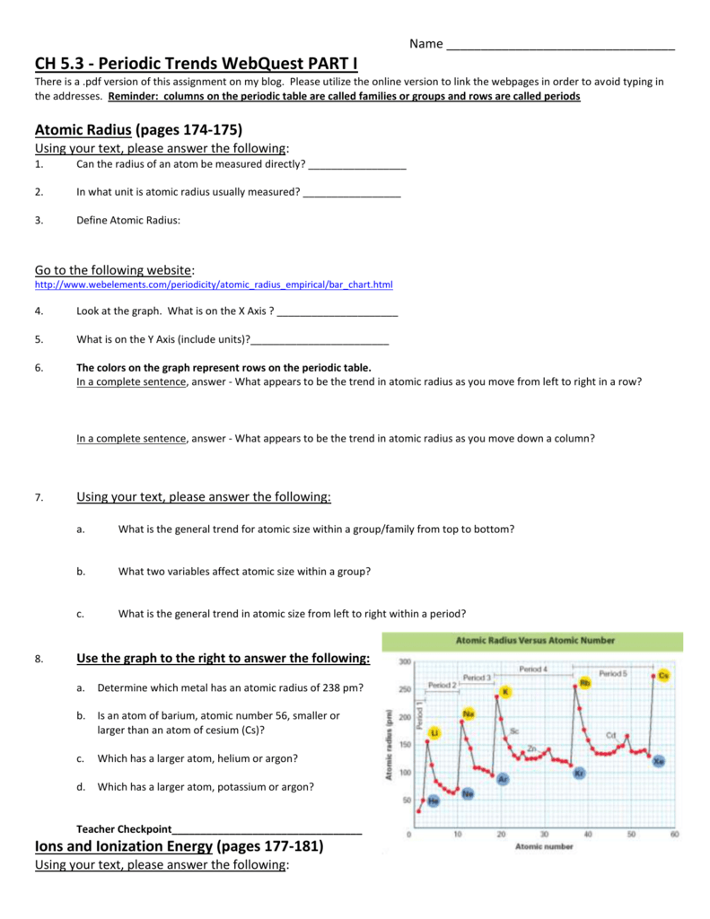 Periodic Trends Webquest Within Periodic Table Webquest Worksheet Answers