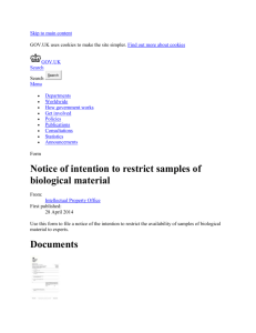 Notice of intention to restrict samples of biological material