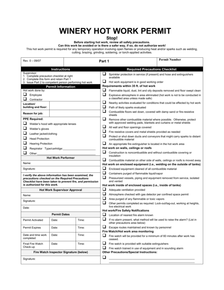 Hot Works Permit Template Free