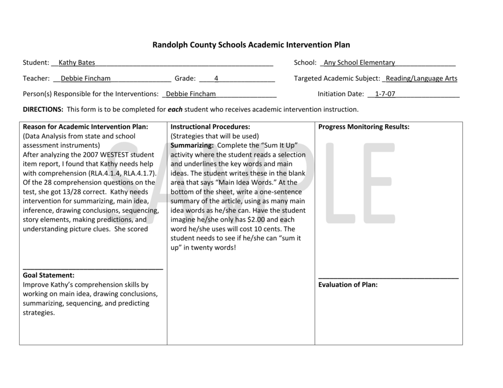 Example of Academic Intervention Plan for grades 3-5