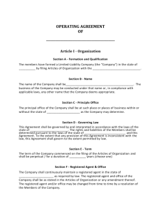 OPERATING AGREEMENT OF _______________ Article I