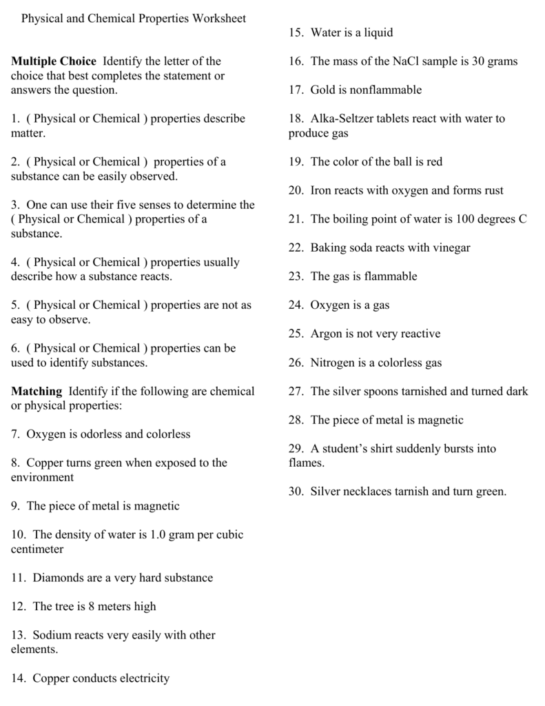 Physical Vs Chemical Properties Worksheet