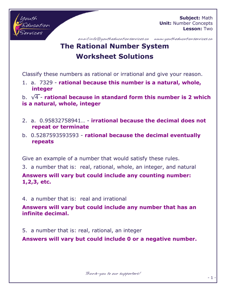 The Rational Number System Worksheet Solutions Pertaining To Rational Or Irrational Worksheet