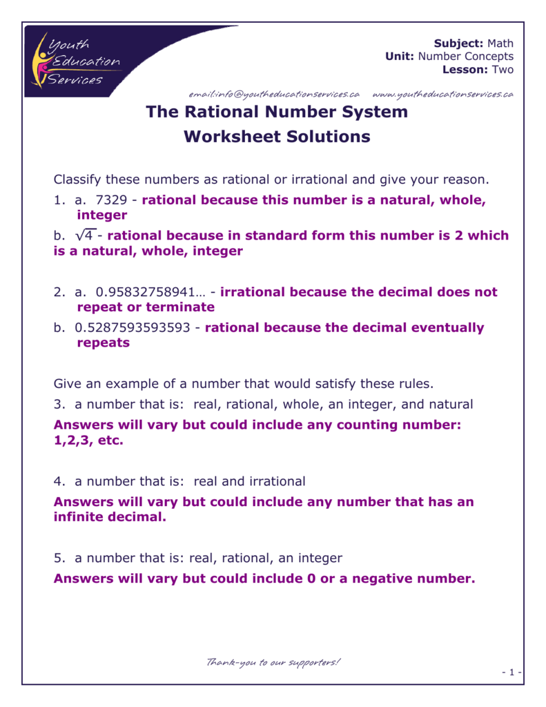 The Real Number System Worksheet