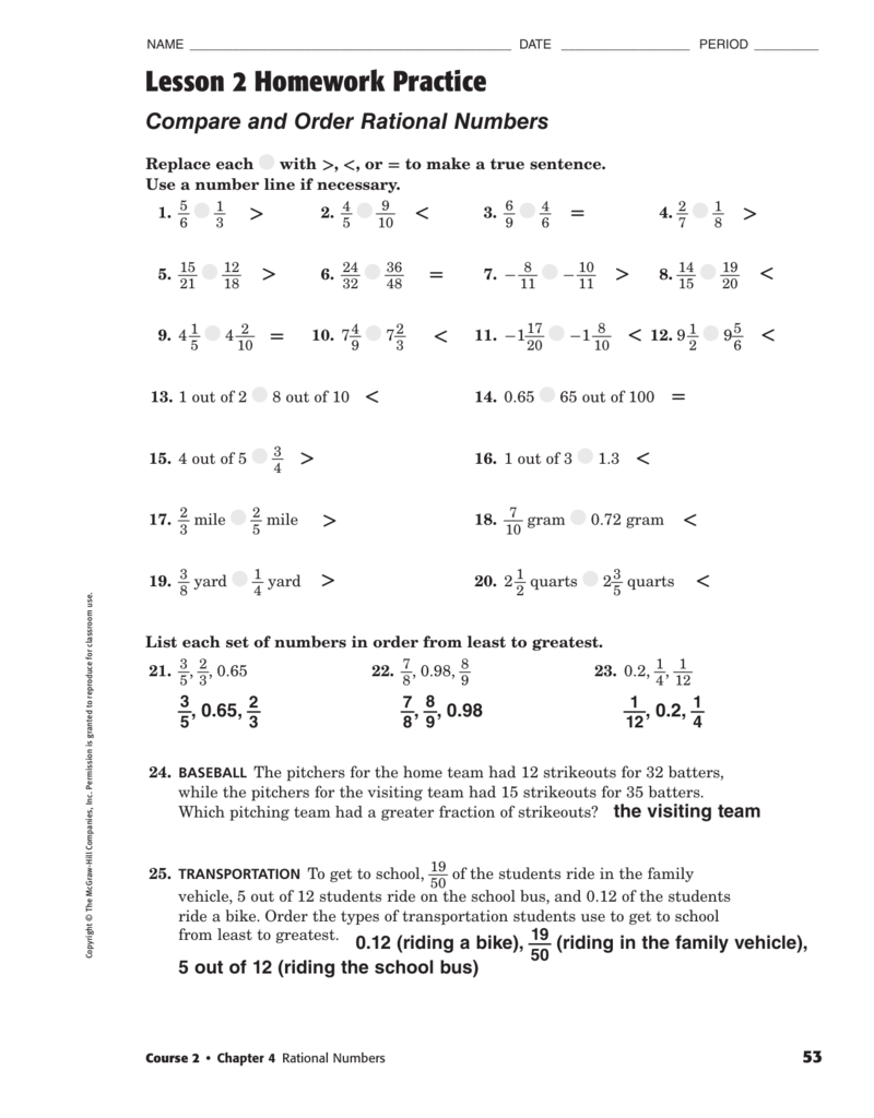 Comparing Rational Numbers Worksheets