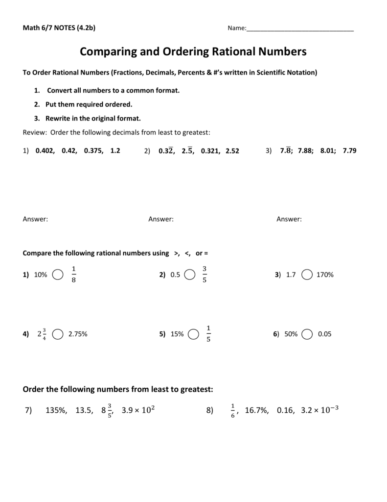 Comparing and Ordering Rational Numbers Inside Ordering Rational Numbers Worksheet