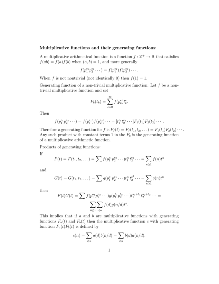 Multiplicative Functions And Their Generating Functions