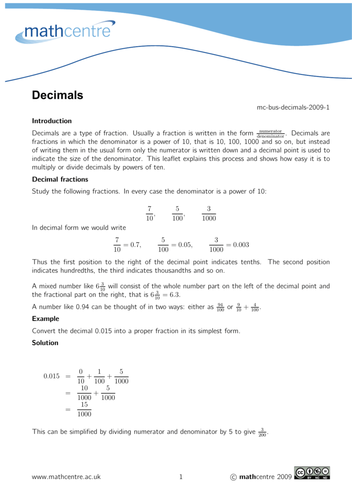Decimals Math Centre