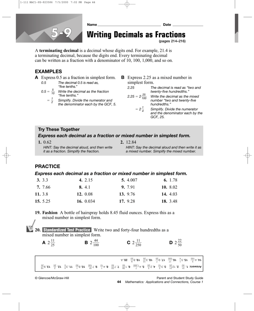 25-25 Writing Decimals as Fractions