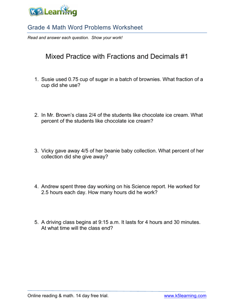 Mixed Practice with Fractions and Decimals #20 Regarding Decimal Word Problems Worksheet
