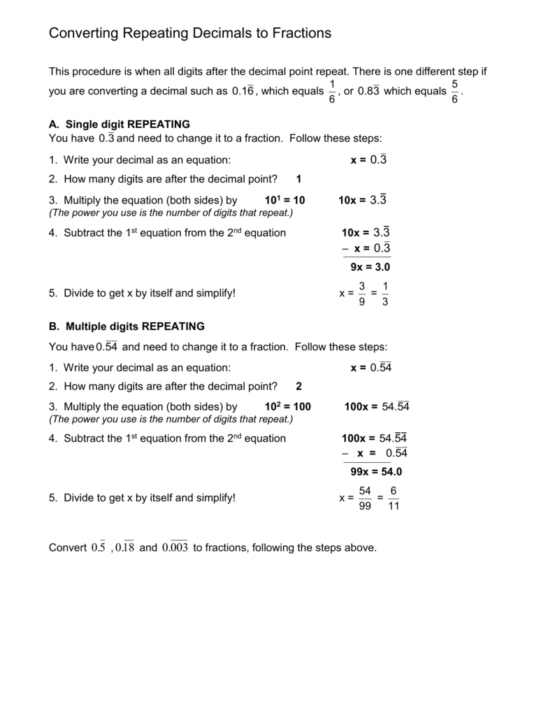 Converting Repeating Decimals to Fractions For Repeating Decimals To Fractions Worksheet
