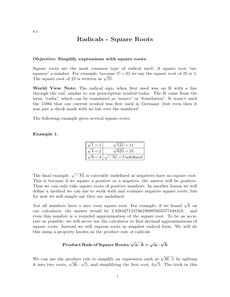 Radicals Square Roots