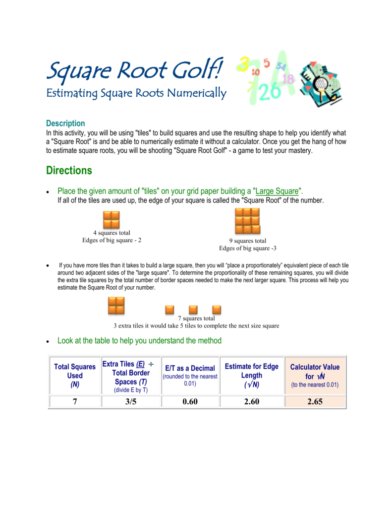 Square Root Golf! Inside Estimating Square Root Worksheet