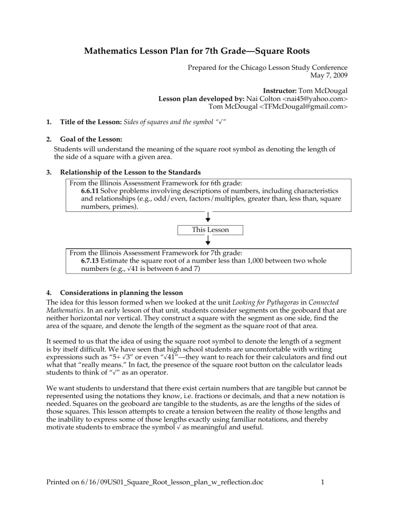 Mathematics Lesson Plan For 7th Grade Square Roots
