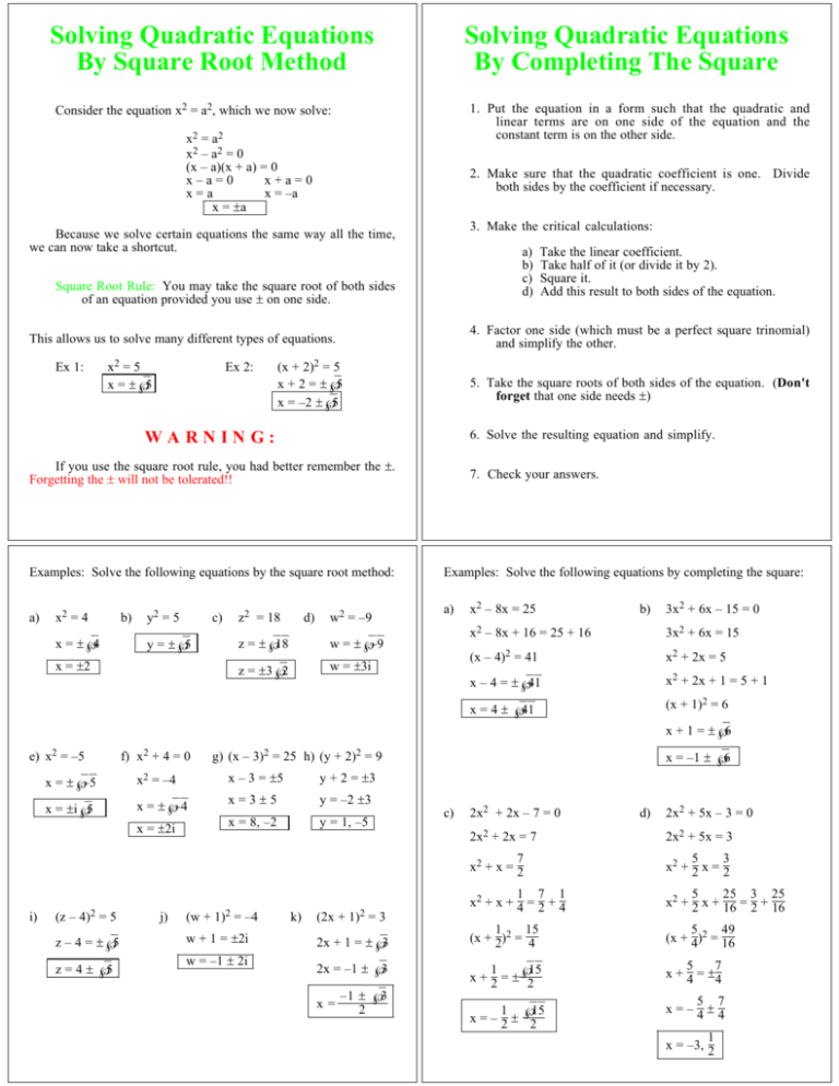 Solving Quadratic Equations By Square Root Method By