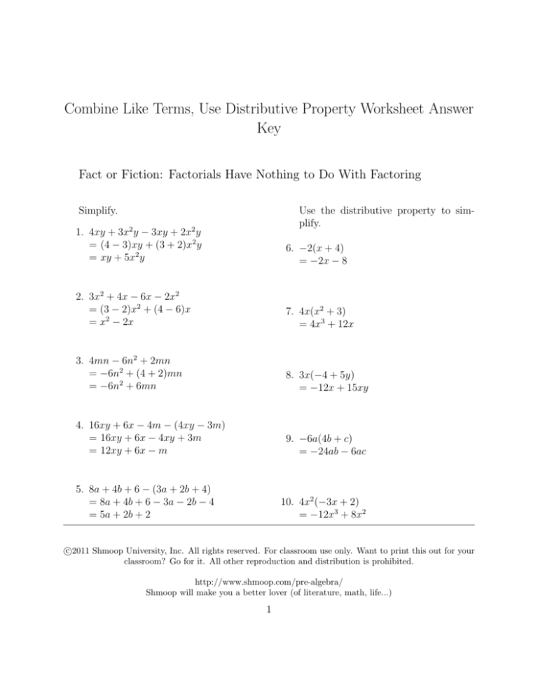33 Distributive Property And Combining Like Terms Worksheet Support 