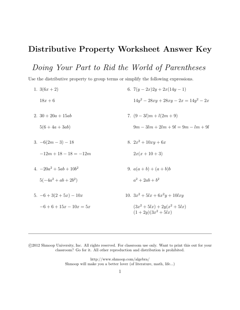 Distributive Property - Answers Inside Distributive Property Worksheet Answers
