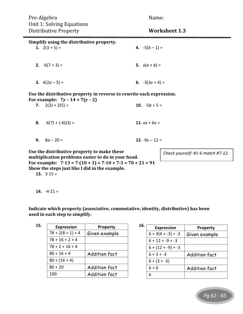 Pre-Algebra Name: Unit 22: Solving Equations Distributive Property For Distributive Property Equations Worksheet