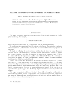 DECIMAL EXPANSIONS OF THE INVERSES OF PRIME NUMBERS