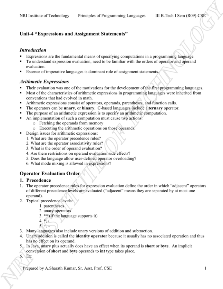 Unit 4 “expressions And Assignment Statements” Introduction 9699