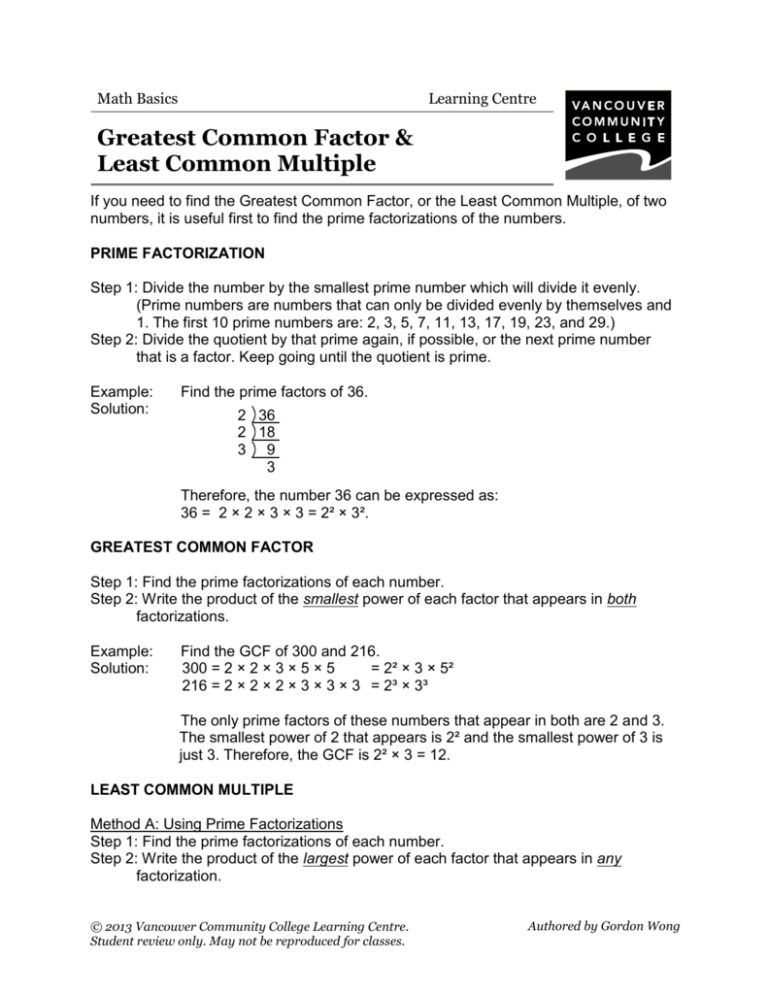 Greatest Common Factor Vs Least Common Multiple Worksheets