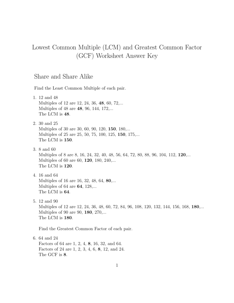 Lowest Common Multiple (LCM) and Greatest Common Factor (GCF Regarding Lcm And Gcf Worksheet