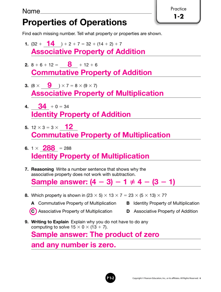 lesson 3 problem solving practice properties of operations answer key