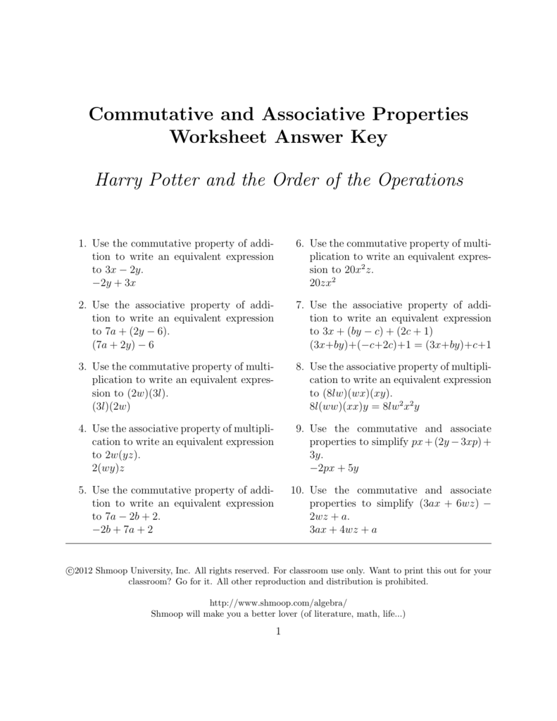 Commutative and Associative Properties Worksheet Pertaining To Commutative And Associative Properties Worksheet