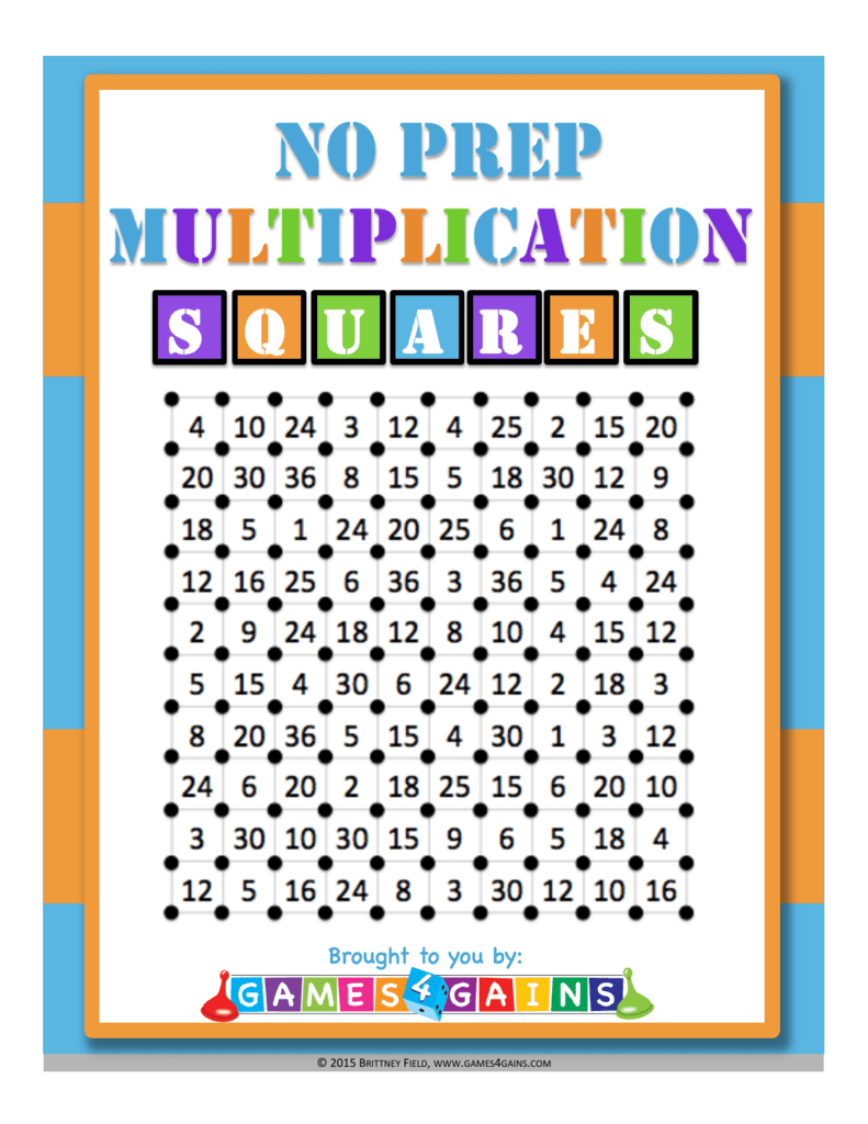Multiplication Squares Game Free Printable