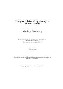 Heegner points and rigid analytic modular forms Matthew Greenberg
