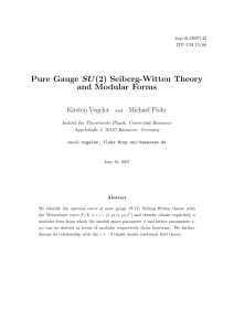 Pure Gauge SU(2) Seiberg-Witten Theory and Modular Forms