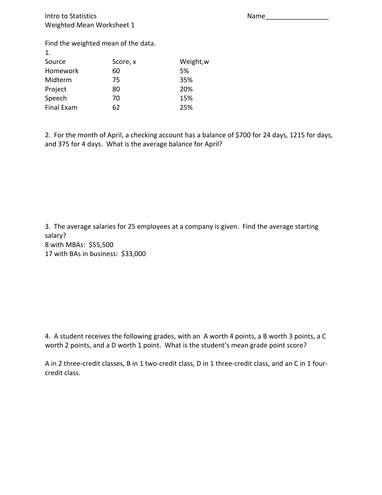 Weighted Means Worksheet 1 5163