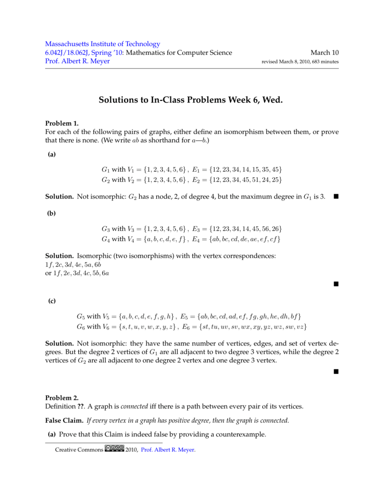 Solutions To In Class Problems Week 6 Wed