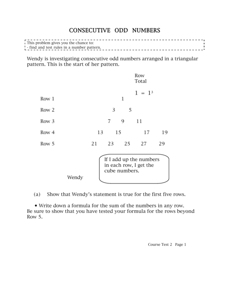 CONSECUTIVE ODD NUMBERS 1 13