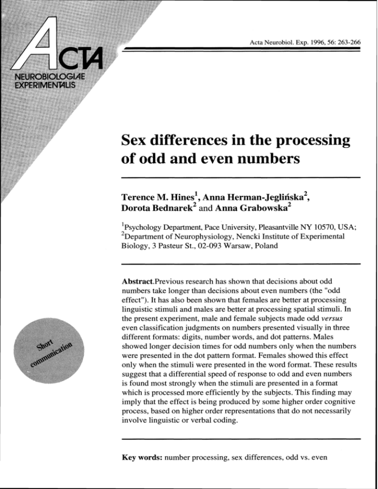 Sex Differences In The Processing Of Odd And Even Numbers 1284